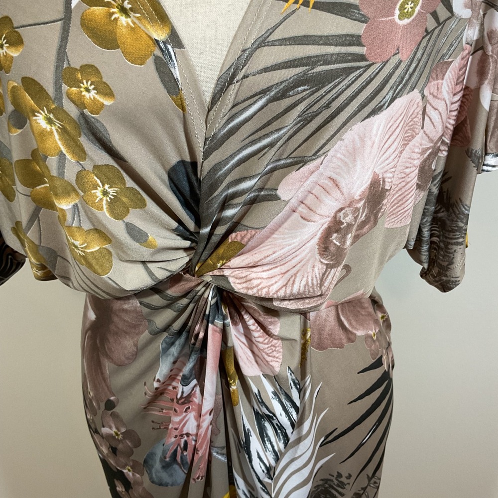 Karlie Dress Women S Taupe Tropical Twist Front Batwing Sleeve Resort Cocktail - Picture 5 of 15
